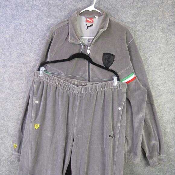 Puma Ferrari Velour Tracksuit Set Mens XL Gray Track Jacket Pants Italian Flag - Picture 1 of 16